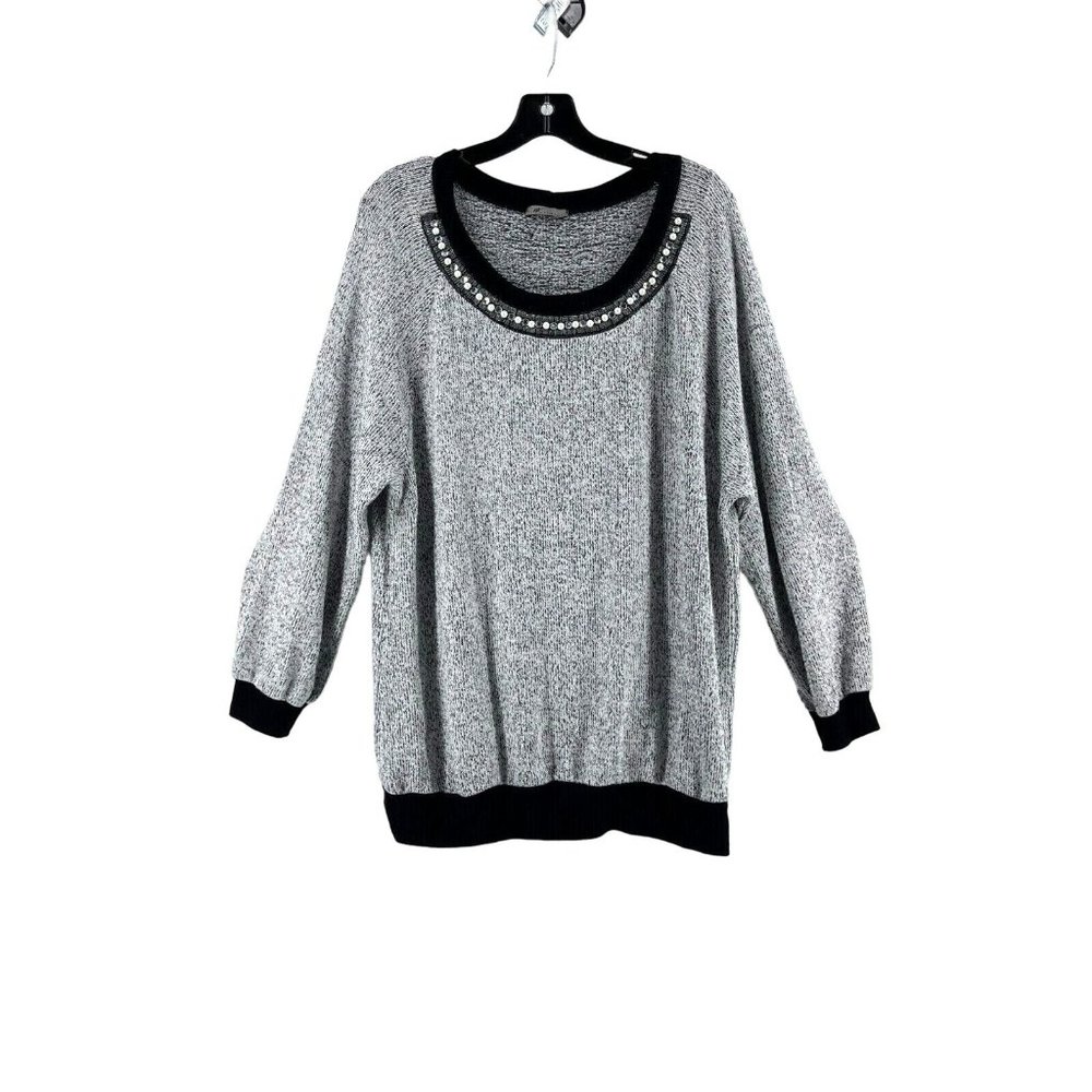West Kei Women's Black White Knit Tunic Sweater Size XL Rhinestones Pearl Neck
